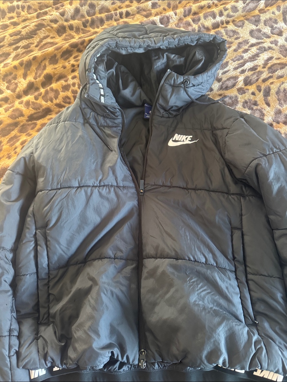 Nike Black Hooded Puffer Coat with White Logo
